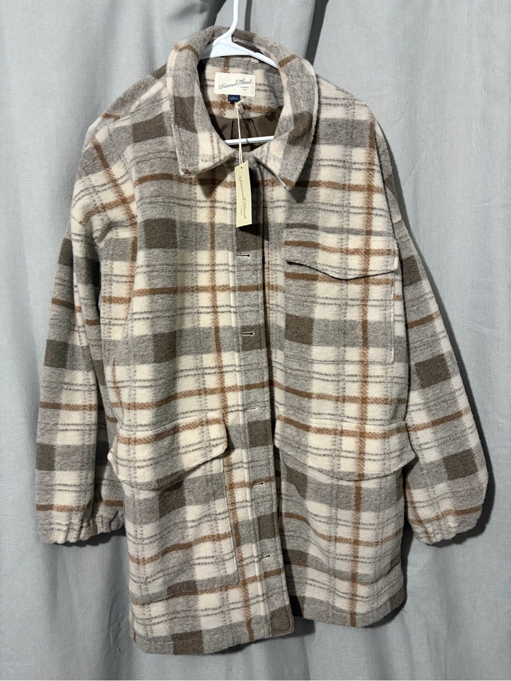 Universal Thread Plaid Utility Shacket in Cream, Taupe, and Brown